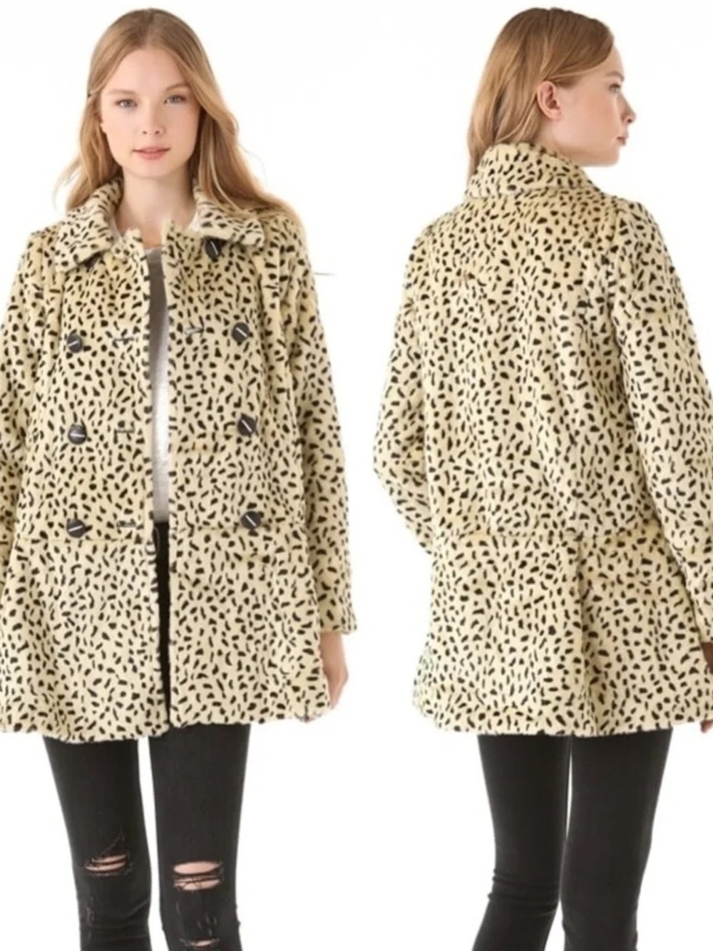 Free People Faux Fur Leopard-Print Double-Breasted Coat - Cream/Black